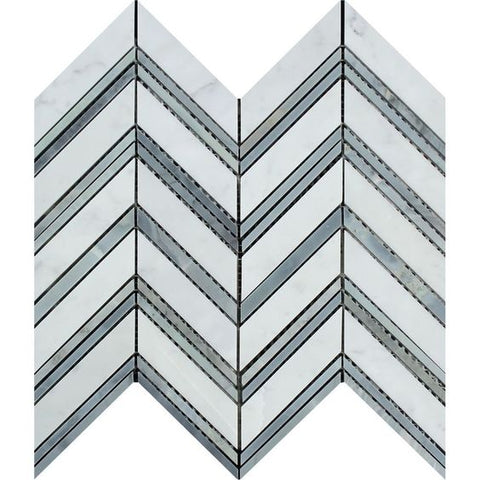 Carrara White Marble Polished Large Chevron Mosaic Tile w / Blue-Gray Strips