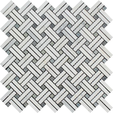 Oriental White / Asian Statuary Marble Honed Stanza Basketweave Mosaic Tile w / Blue-Gray Dots