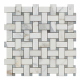 Calacatta Gold Marble Honed Basketweave Mosaic Tile w/ Blue-Gray Dots