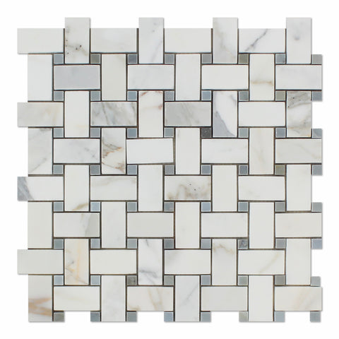 Calacatta Gold Marble Polished Basketweave Mosaic Tile w/ Blue-Gray Dots - American Tile Depot - Commercial and Residential (Interior & Exterior), Indoor, Outdoor, Shower, Backsplash, Bathroom, Kitchen, Deck & Patio, Decorative, Floor, Wall, Ceiling, Powder Room - 1