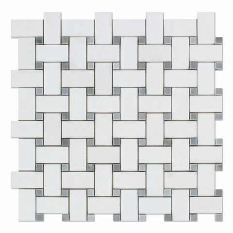 Thassos White Marble Honed Basketweave Mosaic Tile w/ Blue-Gray Dots