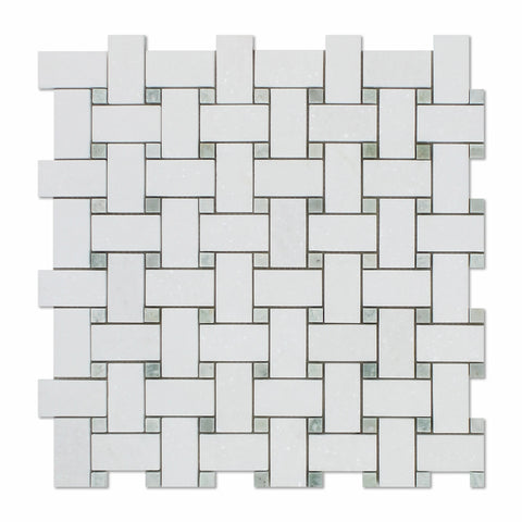 Thassos White Marble Honed Basketweave Mosaic Tile w/ Ming-Green Dots