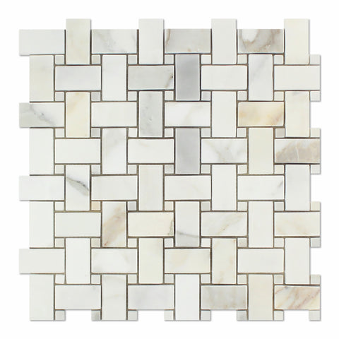 Calacatta Gold Marble Polished Basketweave Mosaic Tile w/ Calacatta Gold Dots - American Tile Depot - Commercial and Residential (Interior & Exterior), Indoor, Outdoor, Shower, Backsplash, Bathroom, Kitchen, Deck & Patio, Decorative, Floor, Wall, Ceiling, Powder Room - 1