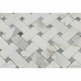 Calacatta Gold Marble Polished Basketweave Mosaic Tile w/ Blue-Gray Dots