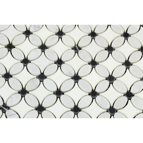 Carrara White Marble Polished Florida Flower Mosaic Tile w/Black Dots