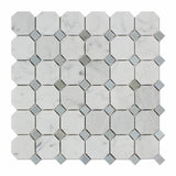 Carrara White Marble Honed Octagon Mosaic Tile w/ Blue-Gray Dots