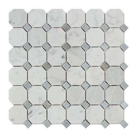 Carrara White Marble Honed Octagon Mosaic Tile w/ Blue-Gray Dots - American Tile Depot - Shower, Backsplash, Bathroom, Kitchen, Deck & Patio, Decorative, Floor, Wall, Ceiling, Powder Room, Indoor, Outdoor, Commercial, Residential, Interior, Exterior