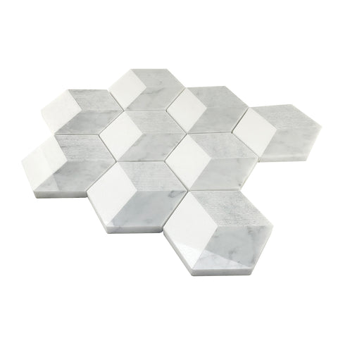 Carrara White Marble Polished 3D-Grooved Mosaic Tile
