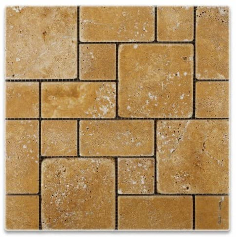 Gold / Yellow Travertine 3-Pieced Mini-Pattern Tumbled Mosaic Tile