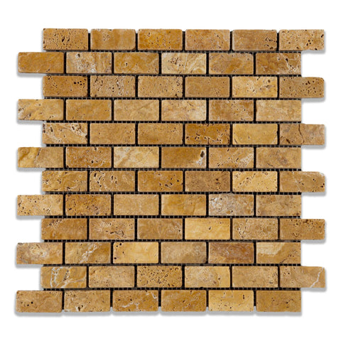 1 X 2 Gold / Yellow Travertine Tumbled Brick Mosaic Tile - American Tile Depot - Shower, Backsplash, Bathroom, Kitchen, Deck & Patio, Decorative, Floor, Wall, Ceiling, Powder Room, Indoor, Outdoor, Commercial, Residential, Interior, Exterior