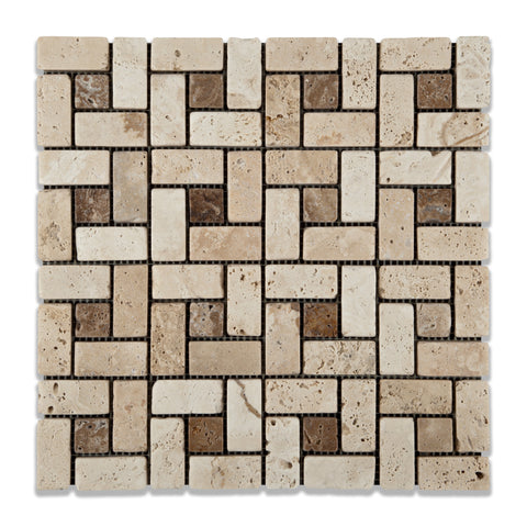 Ivory Travertine Tumbled Pinwheel Mosaic Tile w/ Noce Dots - American Tile Depot - Commercial and Residential (Interior & Exterior), Indoor, Outdoor, Shower, Backsplash, Bathroom, Kitchen, Deck & Patio, Decorative, Floor, Wall, Ceiling, Powder Room - 1