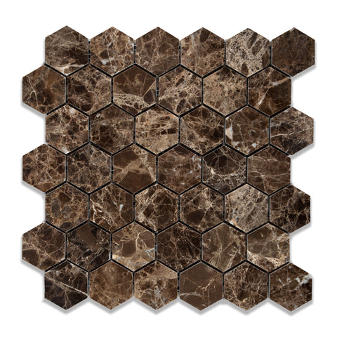 Emperador Dark Marble Polished 2" Hexagon Mosaic Tile - American Tile Depot - Commercial and Residential (Interior & Exterior), Indoor, Outdoor, Shower, Backsplash, Bathroom, Kitchen, Deck & Patio, Decorative, Floor, Wall, Ceiling, Powder Room - 1