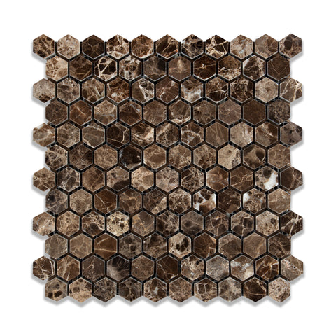 Emperador Dark Marble Polished 1" Mini Hexagon Mosaic Tile - American Tile Depot - Commercial and Residential (Interior & Exterior), Indoor, Outdoor, Shower, Backsplash, Bathroom, Kitchen, Deck & Patio, Decorative, Floor, Wall, Ceiling, Powder Room - 1