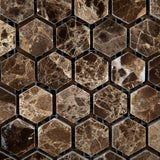 Emperador Dark Marble Polished 1" Mini Hexagon Mosaic Tile - American Tile Depot - Commercial and Residential (Interior & Exterior), Indoor, Outdoor, Shower, Backsplash, Bathroom, Kitchen, Deck & Patio, Decorative, Floor, Wall, Ceiling, Powder Room - 2