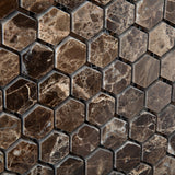 Emperador Dark Marble Polished 1" Mini Hexagon Mosaic Tile - American Tile Depot - Commercial and Residential (Interior & Exterior), Indoor, Outdoor, Shower, Backsplash, Bathroom, Kitchen, Deck & Patio, Decorative, Floor, Wall, Ceiling, Powder Room - 3