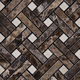 Emperador Dark Marble Polished Stanza Basketweave Mosaic Tile w/ Crema Marfil Dots