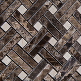 Emperador Dark Marble Polished Stanza Basketweave Mosaic Tile w/ Crema Marfil Dots