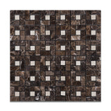 Emperador Dark Marble Polished Pinwheel Mosaic Tile w/ Crema Marfil Dots