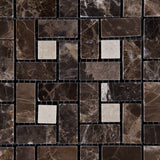 Emperador Dark Marble Polished Pinwheel Mosaic Tile w/ Crema Marfil Dots