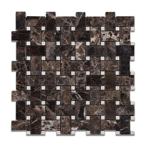 Emperador Dark Marble Polished Basketweave Mosaic Tile w/ Crema Marfil Dots