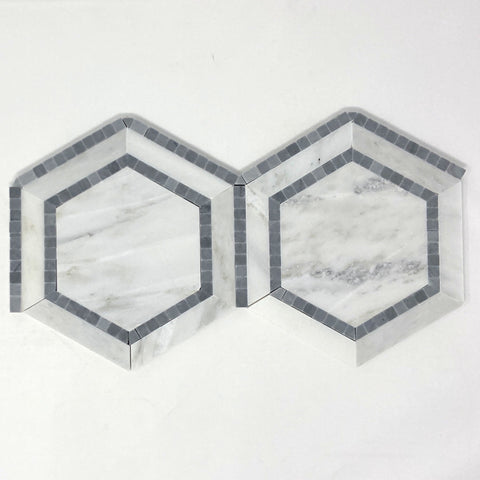 Oriental White / Asian Statuary Marble Honed 5" Hexagon Combination Mosaic Tile w / Blue