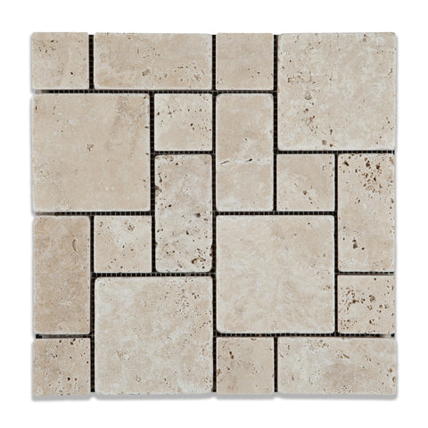 Ivory Travertine 3-Pieced Mini-Pattern Tumbled Mosaic Tile - American Tile Depot - Commercial and Residential (Interior & Exterior), Indoor, Outdoor, Shower, Backsplash, Bathroom, Kitchen, Deck & Patio, Decorative, Floor, Wall, Ceiling, Powder Room - 1