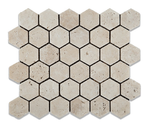 Ivory Travertine Tumbled 2'' Hexagon Mosaic Tile