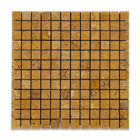 1 X 1 Gold / Yellow Travertine Tumbled Mosaic Tile - American Tile Depot - Shower, Backsplash, Bathroom, Kitchen, Deck & Patio, Decorative, Floor, Wall, Ceiling, Powder Room, Indoor, Outdoor, Commercial, Residential, Interior, Exterior