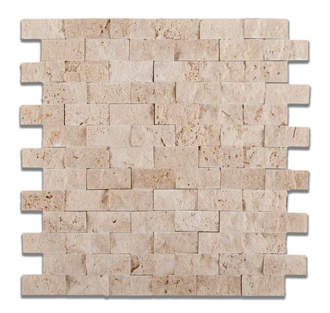1 X 2 Ivory Travertine Split-Faced Brick Mosaic Tile - American Tile Depot - Shower, Backsplash, Bathroom, Kitchen, Deck & Patio, Decorative, Floor, Wall, Ceiling, Powder Room, Indoor, Outdoor, Commercial, Residential, Interior, Exterior