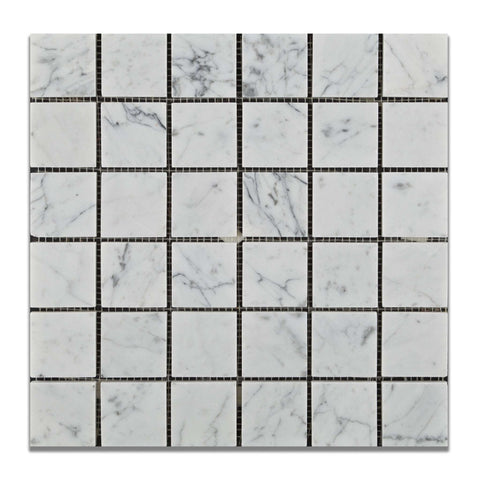 2 X 2 Carrara White Marble Polished Mosaic Tile - American Tile Depot - Shower, Backsplash, Bathroom, Kitchen, Deck & Patio, Decorative, Floor, Wall, Ceiling, Powder Room, Indoor, Outdoor, Commercial, Residential, Interior, Exterior