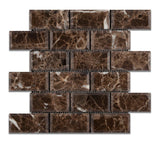 2 X 4 Emperador Dark Marble Polished & Beveled Brick Mosaic Tile - American Tile Depot - Shower, Backsplash, Bathroom, Kitchen, Deck & Patio, Decorative, Floor, Wall, Ceiling, Powder Room, Indoor, Outdoor, Commercial, Residential, Interior, Exterior
