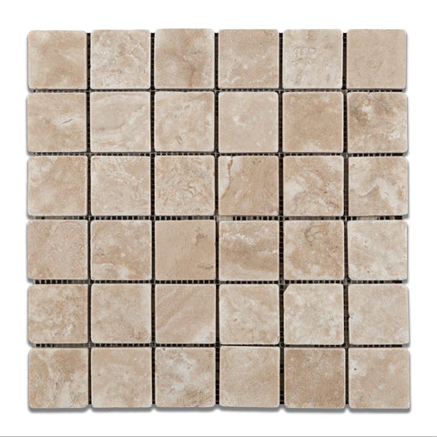 2 X 2 Durango Cream Travertine Tumbled Mosaic Tile - American Tile Depot - Shower, Backsplash, Bathroom, Kitchen, Deck & Patio, Decorative, Floor, Wall, Ceiling, Powder Room, Indoor, Outdoor, Commercial, Residential, Interior, Exterior