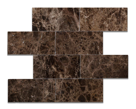 3 X 6 Emperador Dark Marble Polished Subway Brick Field Tile - American Tile Depot - Shower, Backsplash, Bathroom, Kitchen, Deck & Patio, Decorative, Floor, Wall, Ceiling, Powder Room, Indoor, Outdoor, Commercial, Residential, Interior, Exterior
