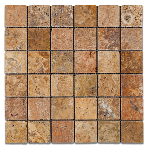 2 X 2 Scabos Travertine Tumbled Mosaic Tile - American Tile Depot - Shower, Backsplash, Bathroom, Kitchen, Deck & Patio, Decorative, Floor, Wall, Ceiling, Powder Room, Indoor, Outdoor, Commercial, Residential, Interior, Exterior