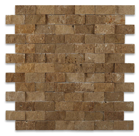 1 X 2 Noce Travertine Split-Faced Brick Mosaic Tile - American Tile Depot - Shower, Backsplash, Bathroom, Kitchen, Deck & Patio, Decorative, Floor, Wall, Ceiling, Powder Room, Indoor, Outdoor, Commercial, Residential, Interior, Exterior