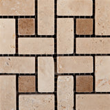 Ivory Travertine Tumbled Mini Pinwheel Mosaic Tile w/ Noce Dots - American Tile Depot - Commercial and Residential (Interior & Exterior), Indoor, Outdoor, Shower, Backsplash, Bathroom, Kitchen, Deck & Patio, Decorative, Floor, Wall, Ceiling, Powder Room - 3
