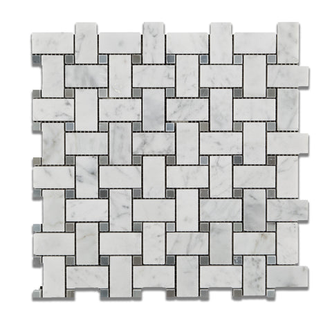 Carrara White Marble Polished Basketweave Mosaic Tile w/ Blue-Gray Dots - American Tile Depot - Commercial and Residential (Interior & Exterior), Indoor, Outdoor, Shower, Backsplash, Bathroom, Kitchen, Deck & Patio, Decorative, Floor, Wall, Ceiling, Powder Room - 1