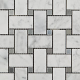 Carrara White Marble Polished Basketweave Mosaic Tile w/ Blue-Gray Dots