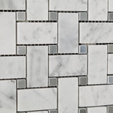 Carrara White Marble Honed Basketweave Mosaic Tile w/ Blue-Gray Dots