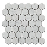 Carrara White Marble Polished 2" Hexagon Mosaic Tile - American Tile Depot - Commercial and Residential (Interior & Exterior), Indoor, Outdoor, Shower, Backsplash, Bathroom, Kitchen, Deck & Patio, Decorative, Floor, Wall, Ceiling, Powder Room - 1