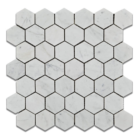 Carrara White Marble Polished 2" Hexagon Mosaic Tile - American Tile Depot - Commercial and Residential (Interior & Exterior), Indoor, Outdoor, Shower, Backsplash, Bathroom, Kitchen, Deck & Patio, Decorative, Floor, Wall, Ceiling, Powder Room - 1
