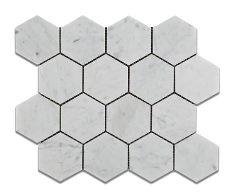 Carrara White Marble Polished 3" Hexagon Mosaic Tile