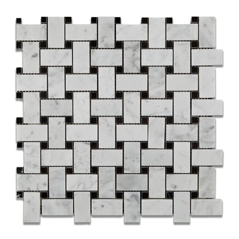 Carrara White Marble Polished Basketweave Mosaic Tile w/ Black Dots - American Tile Depot - Commercial and Residential (Interior & Exterior), Indoor, Outdoor, Shower, Backsplash, Bathroom, Kitchen, Deck & Patio, Decorative, Floor, Wall, Ceiling, Powder Room - 1