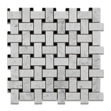 Carrara White Marble Honed Basketweave Mosaic Tile w/ Black Dots - American Tile Depot - Commercial and Residential (Interior & Exterior), Indoor, Outdoor, Shower, Backsplash, Bathroom, Kitchen, Deck & Patio, Decorative, Floor, Wall, Ceiling, Powder Room - 1