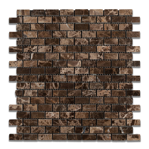 Emperador Dark Marble Polished Baby Brick Mosaic Tile - American Tile Depot - Commercial and Residential (Interior & Exterior), Indoor, Outdoor, Shower, Backsplash, Bathroom, Kitchen, Deck & Patio, Decorative, Floor, Wall, Ceiling, Powder Room - 1
