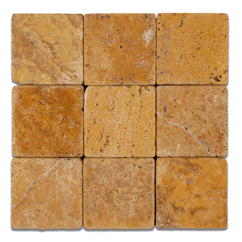 4 X 4 Gold / Yellow Travertine Tumbled Field Tile - American Tile Depot -,   