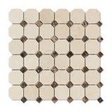Crema Marfil Marble Polished Octagon Mosaic Tile w/ Emperador Dark Dots