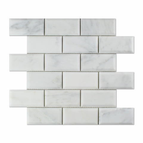 2 X 4 Oriental White / Asian Statuary Marble Polished & Beveled Brick Mosaic Tile - American Tile Depot - Shower, Backsplash, Bathroom, Kitchen, Deck & Patio, Decorative, Floor, Wall, Ceiling, Powder Room, Indoor, Outdoor, Commercial, Residential, Interior, Exterior