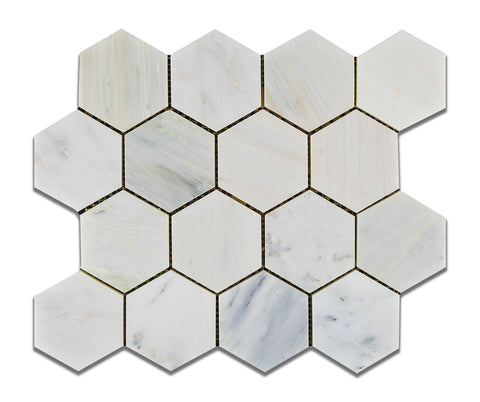 Oriental White / Asian Statuary Marble Honed 3" Hexagon Mosaic Tile - American Tile Depot - Commercial and Residential (Interior & Exterior), Indoor, Outdoor, Shower, Backsplash, Bathroom, Kitchen, Deck & Patio, Decorative, Floor, Wall, Ceiling, Powder Room - 1