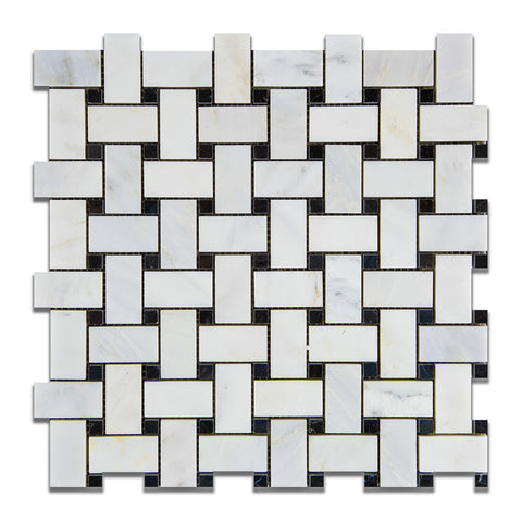Oriental White / Asian Statuary Marble Polished Basketweave Mosaic Tile w/ Black Dots - American Tile Depot - Commercial and Residential (Interior & Exterior), Indoor, Outdoor, Shower, Backsplash, Bathroom, Kitchen, Deck & Patio, Decorative, Floor, Wall, Ceiling, Powder Room - 1
